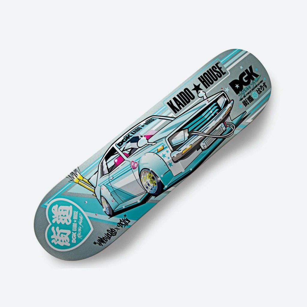 Skateboard deck with illustrated car design, featuring bold graphics from Kaido House and DGK collaboration.