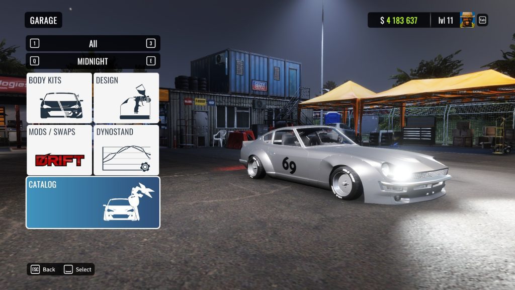 Classic silver car in a garage scene with customization menu on screen, featuring body kits, design, and drift options.