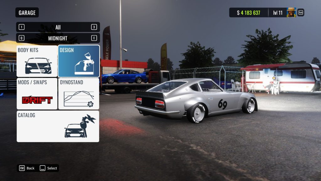 Retro car in a virtual garage setup with customization menu, showing design and mods options.