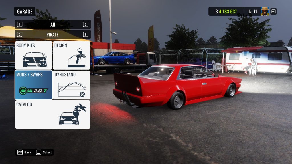 Game garage interface featuring customization options for a red car with a blue car on a trailer in the background.