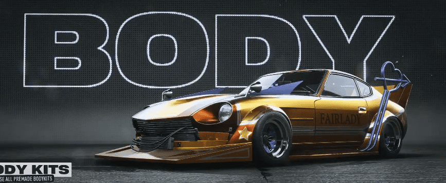 Custom gold Fairlady Z showcasing advanced body kit design with bold styling against a dynamic background.