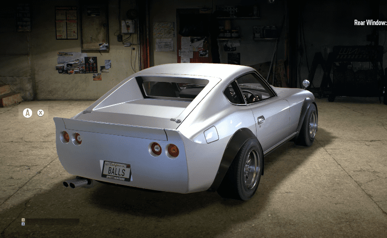 White vintage sports car in a garage, customized with wide tires and rear spoiler, emphasizing classic automotive style.