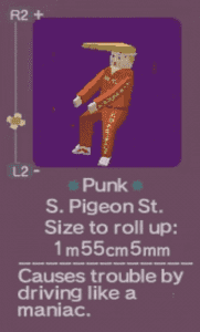 Cartoon punk character in red outfit, featured in game with stats on rolling size and behavior description.