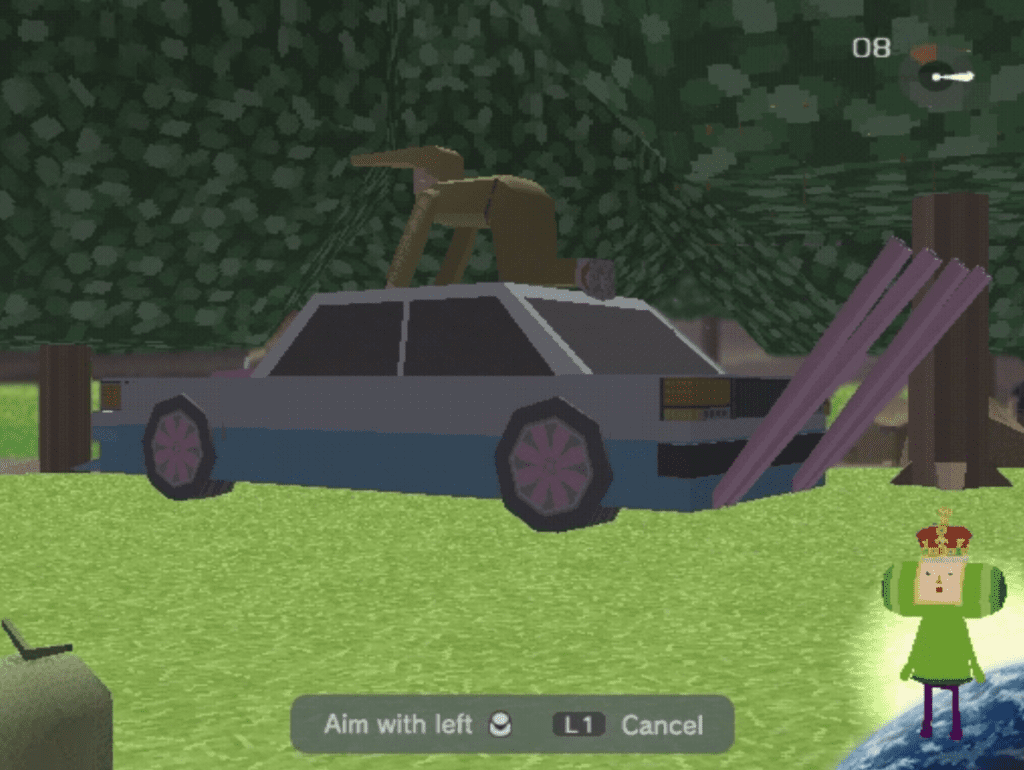 Video game scene with a blocky car hit by large pink sticks, and a small, green character standing nearby.