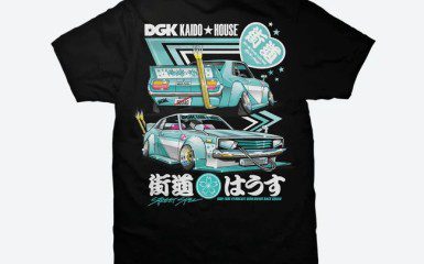 Black T-shirt with vibrant blue-green car design, DGK Kaido House logo, and Japanese text, street style graphics.