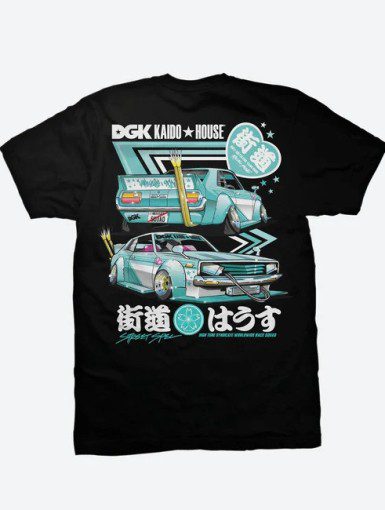 Black T-shirt with vibrant blue-green car design, DGK Kaido House logo, and Japanese text, street style graphics.