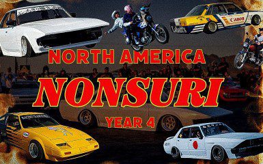 Collage of cars and motorcycles at North America Nonsuri Year 4 event with dynamic flames in the background.