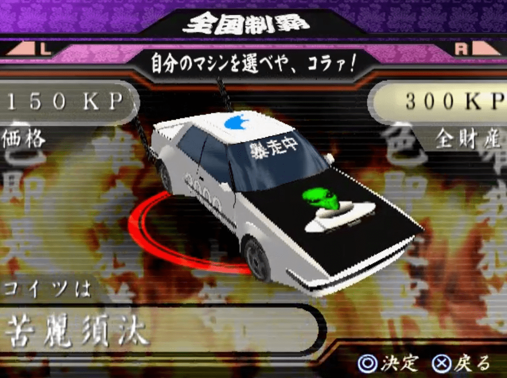 Retro Japanese racing game screen with a white car featuring an alien graphic, 150 KP cost displayed.