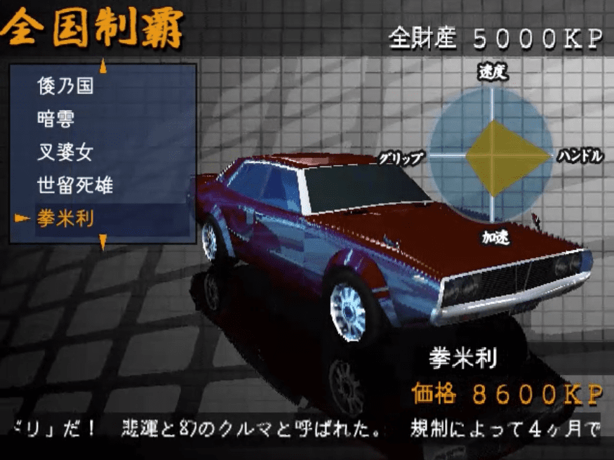 Retro-style video game car selection screen with stats and Japanese text.