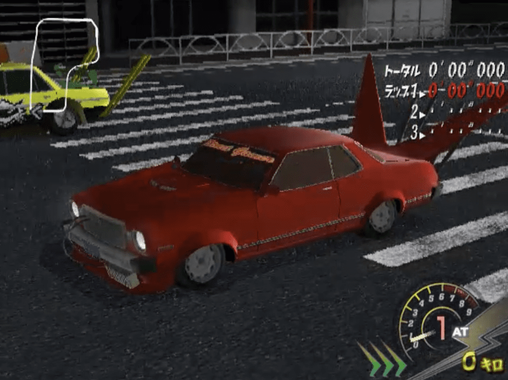 Red sports car with exaggerated features at a crosswalk, dashboard interface visible, nighttime street setting.