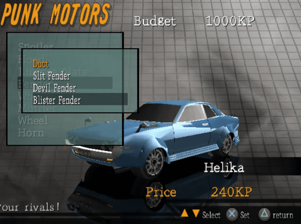 Car customization menu in a game, showing a blue sports car named Helika with fender options and a budget of 1000KP.