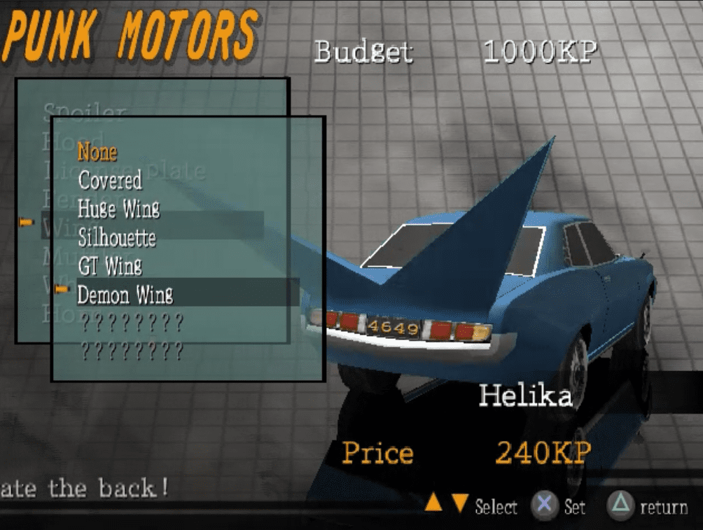 Video game car customization menu featuring a blue car with a Demon Wing option selected.