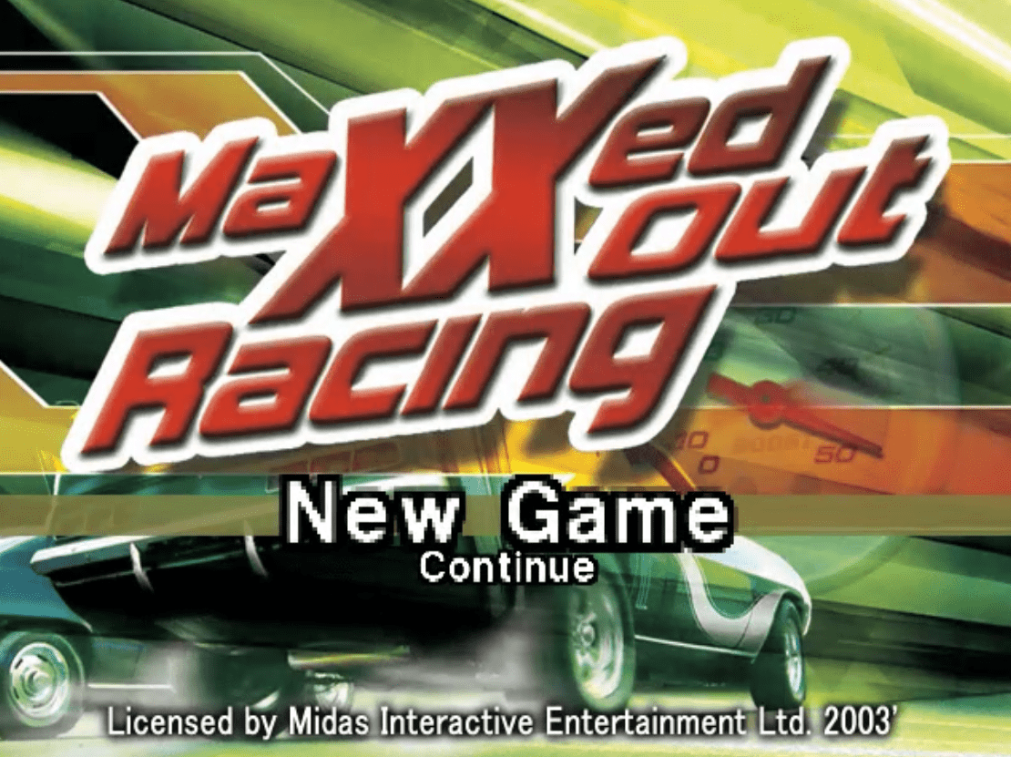 Maxxed Out Racing game title screen with cars and speedometer graphics. Licensed by Midas Interactive, 2003.