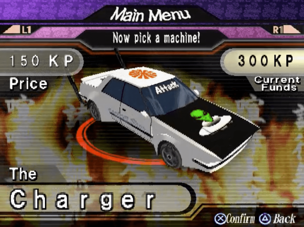 Video game car selection menu with Charger car option and alien-themed design, 150 KP price shown.