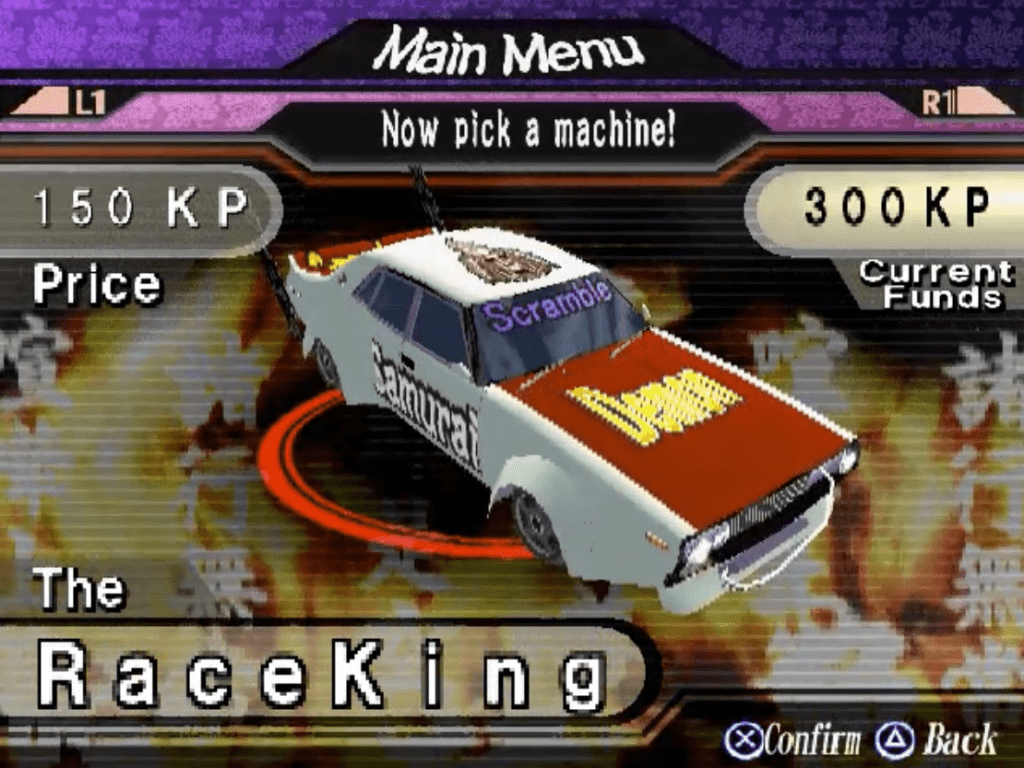 Video game car selection menu featuring The RaceKing vehicle with 150 KP price displayed.