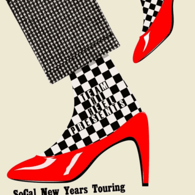 Checkerboard socks with red heels on a New Year's event poster, SoCal New Years Touring by Team Heel, January 11th.