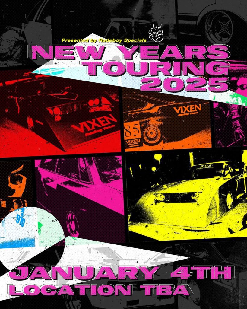 New Year's Touring 2025 event poster featuring colorful racing car images, set for January 4th, location to be announced.