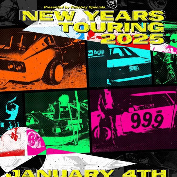 Poster for New Year's Touring 2025, featuring colorful vintage cars. Event on January 4th, location to be announced.