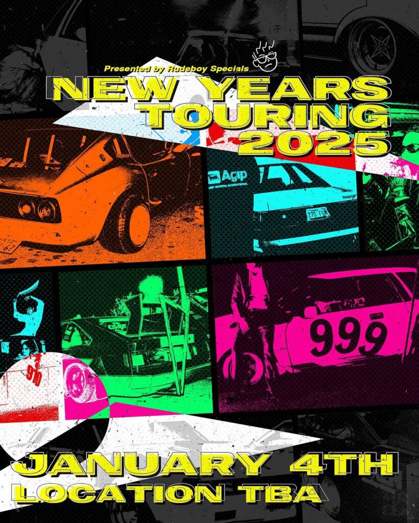 Poster for New Year's Touring 2025, featuring colorful vintage cars. Event on January 4th, location to be announced.