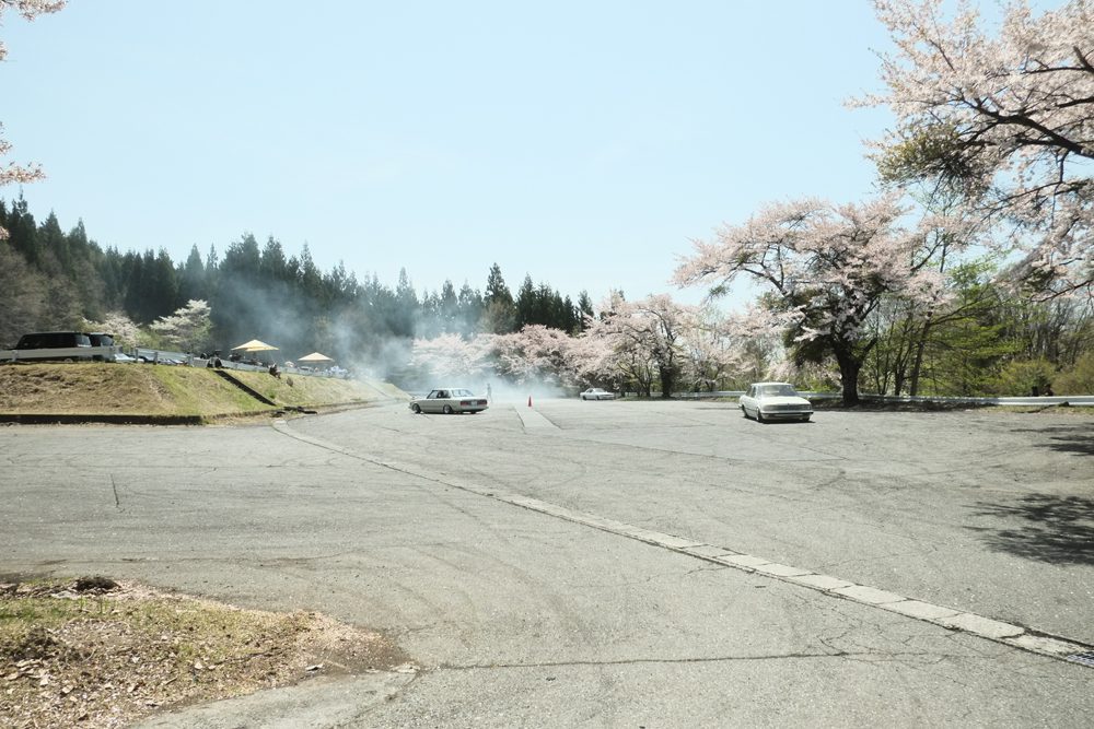 Drifting cars on a track surrounded by cherry blossom trees and forest under a clear sky.