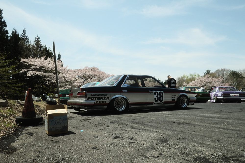 Vintage racing car number 38 parked in front of cherry blossoms under a clear blue sky.